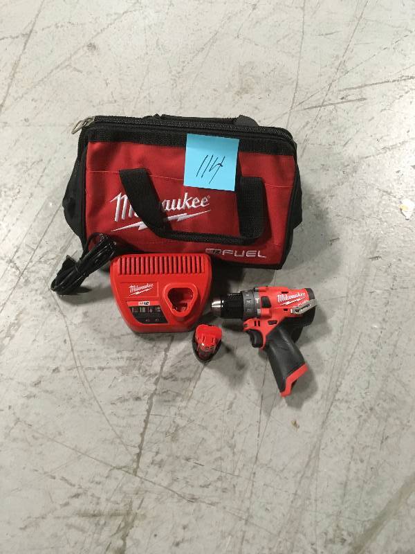 lot 114 image: MilwaukeeM12 FUEL 12-Volt Lithium-Ion 12 in. Brushless Cordless Hammer Drill Driver with 1 Battery and Tool Bag in Good Condition