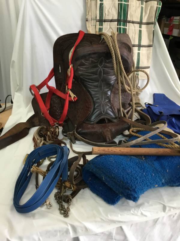 lot 12 image: Horse Tack - 14.5 inch Western Saddle, Loung Line, Two Cotton Leads, Bareback pad, Wool saddle pad