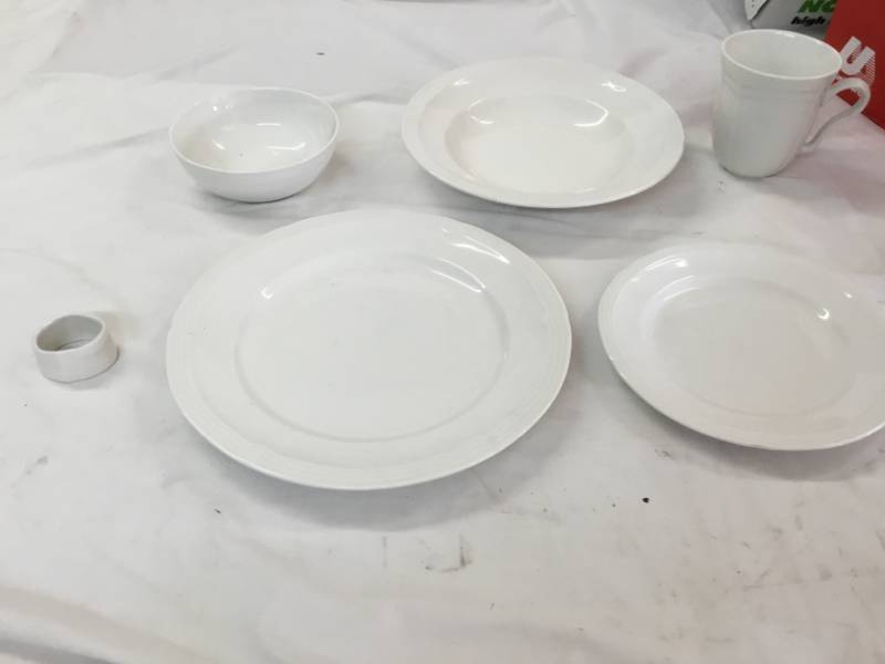 lot 22 image: Gibson House ware China - set of 4 - Serving Bowl, Glass, Salad Plate, Dinner Plate, and coffee Mug, Napkin Holder