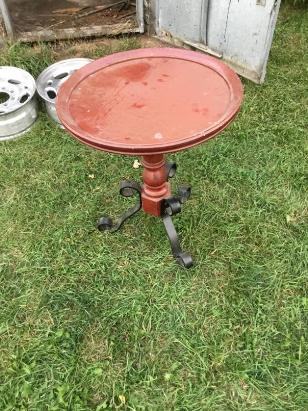 lot 82 image: Red Wood End Table - 3 Metal Legs