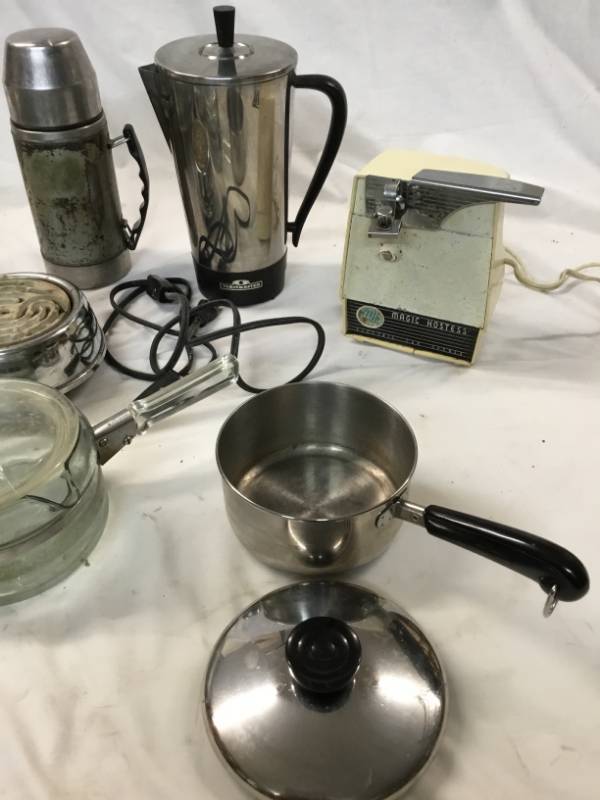 lot 85 image: Vintage - Coffee maker, Can opener, Single Burner, Electric Toaster Broiler, Thermos, Frying pan, and two Pots