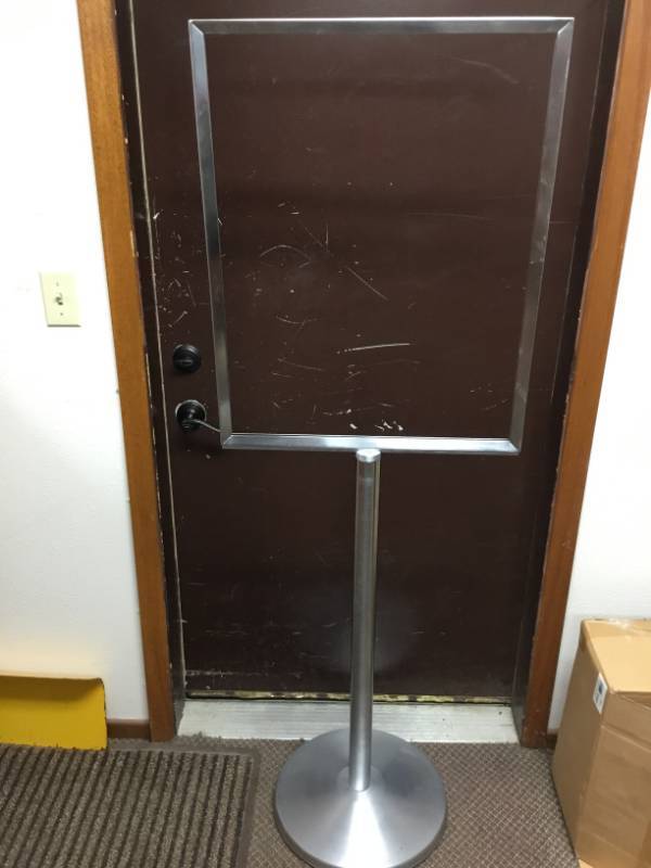 lot 91 image: Display Sign - Stainless Steel - Heavy Duty -  65.5 Inches Tall, Square part is  22 38 X 28 58 Inches