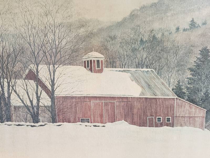 lot 41 image: Herb Lucas Framed Barn Art & (2) Wall Sconces