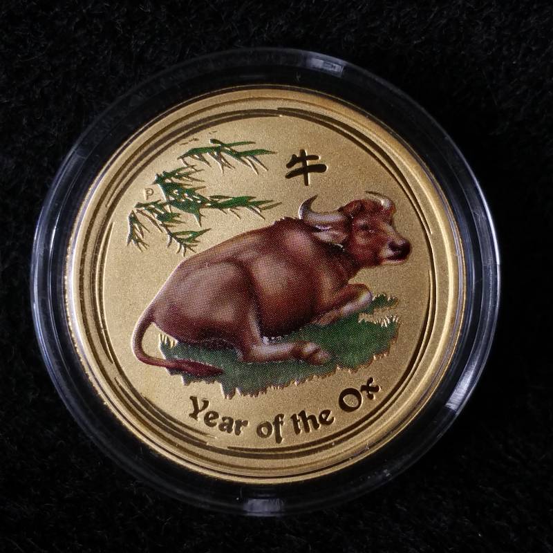 lot 2 image: 2009 $25 Perth Australian 14 Ounce Gold Lunar Year of the Ox Colorized Coin