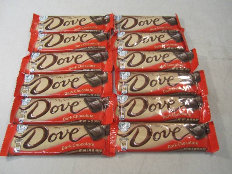 lot 66 image: 12 Dove Dark Chocolate Candy Bars B...
