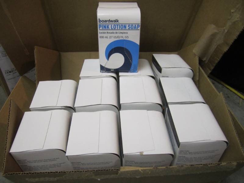 lot 128 image: Case of 12 Pink Lotion Soap Refills...