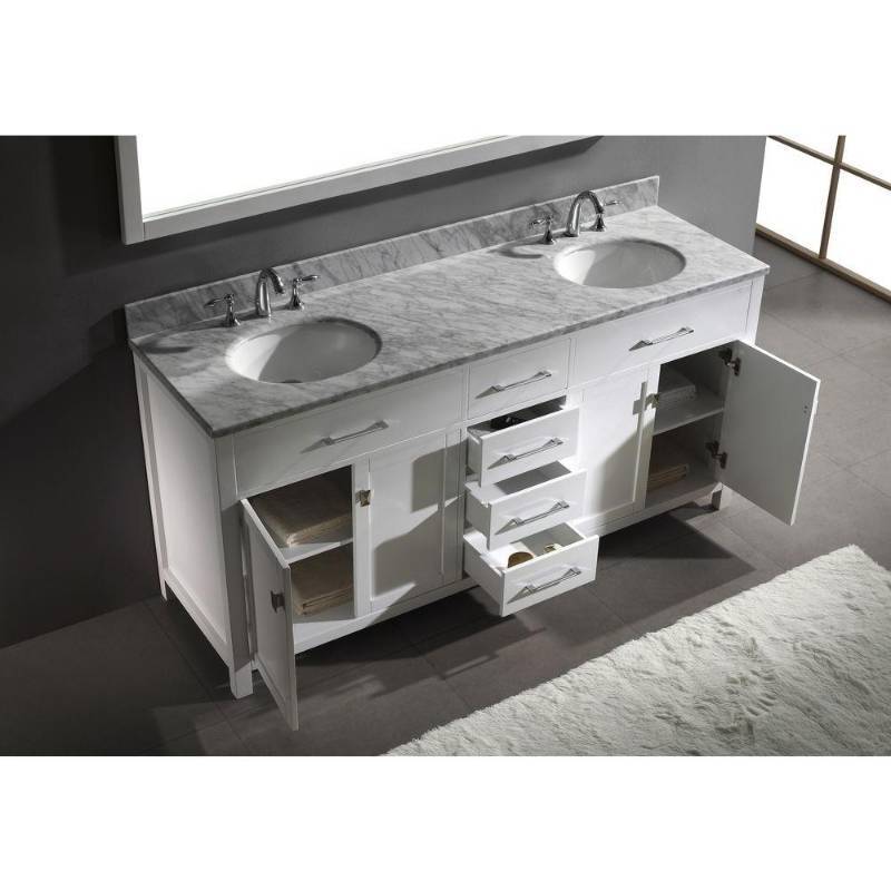 lot 27 image: VIRTU USA CAROLINE VANITY WITH MARBLE VANITY TOP IN CARRARA WHITE WITH ROUND BASIN AND MIRROR IN WHITE