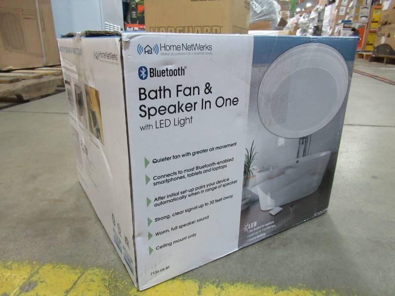 lot 32 image: Homewerks Worldwide Decorative White 70 CFM Bluetooth Stereo Speaker Exhaust Bath Fan with LED Light