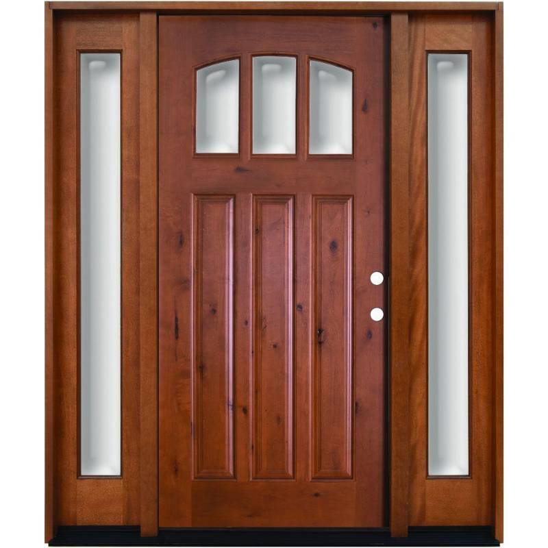 lot 3 image: 68 in. x 80 in. Craftsman 3 Lite Arch Stained Knotty Alder Wood Prehung Front Door with Sidelites