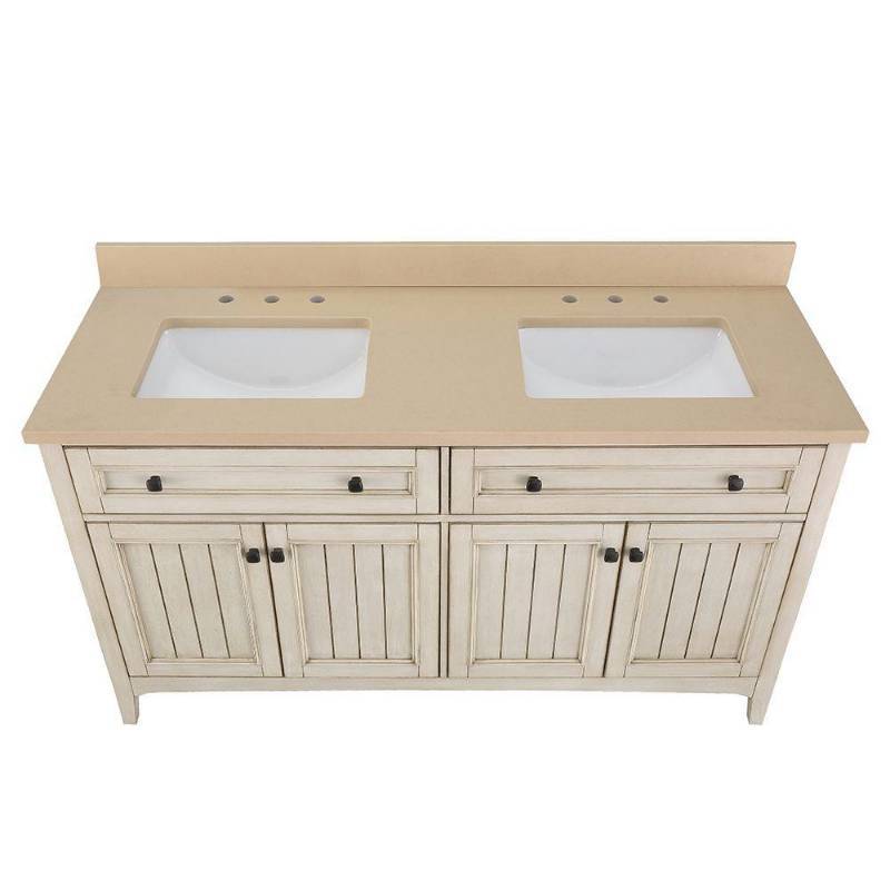 lot 7 image: Home Decorators Collection Klein 61 in. W x 22 in. D Double Bath Vanity in Antique White with Quartz Vanity Top in Beige