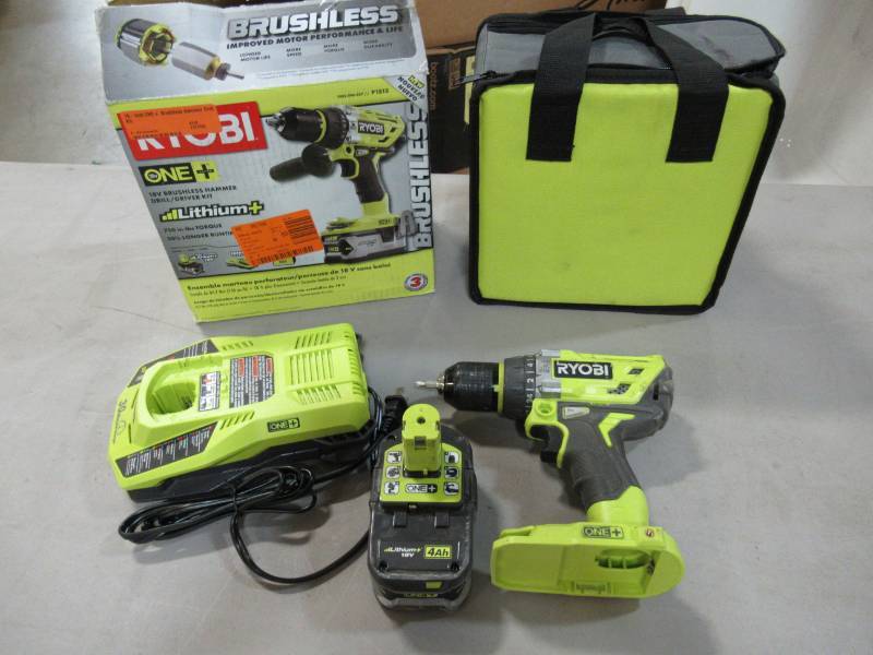 lot 77 image: Ryobi 18-Volt ONE Brushless Hammer DrillDriver Kit