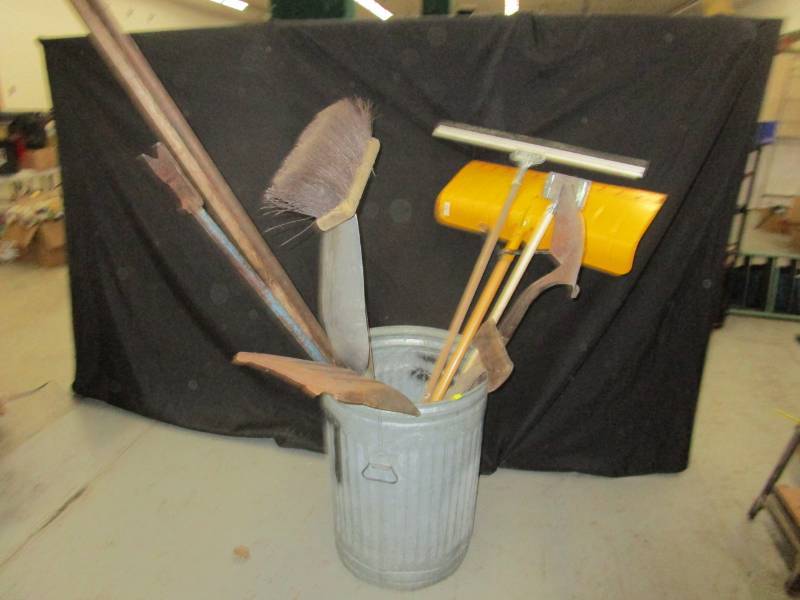 lot 3 image: Garbage can full of shovels, ax, chisels, squeegie and more all to go