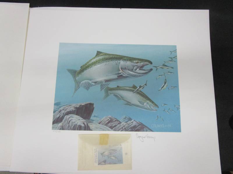 lot 27 image: Cruwys  1984 North Dakota Trout and Salmon print numbered and signed 475750 and duck stamp