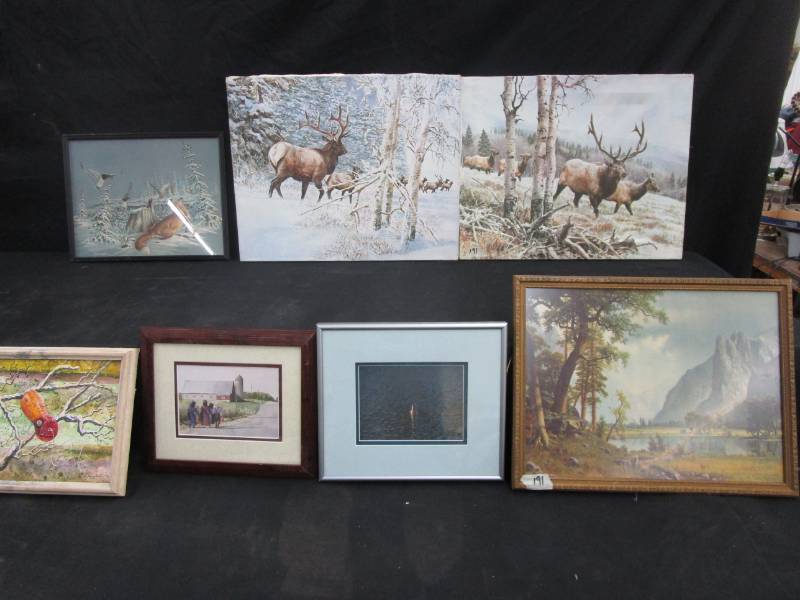 lot 92 image: 7 Various picture, old fox picture and 2 canvas elk pictures see pictures
