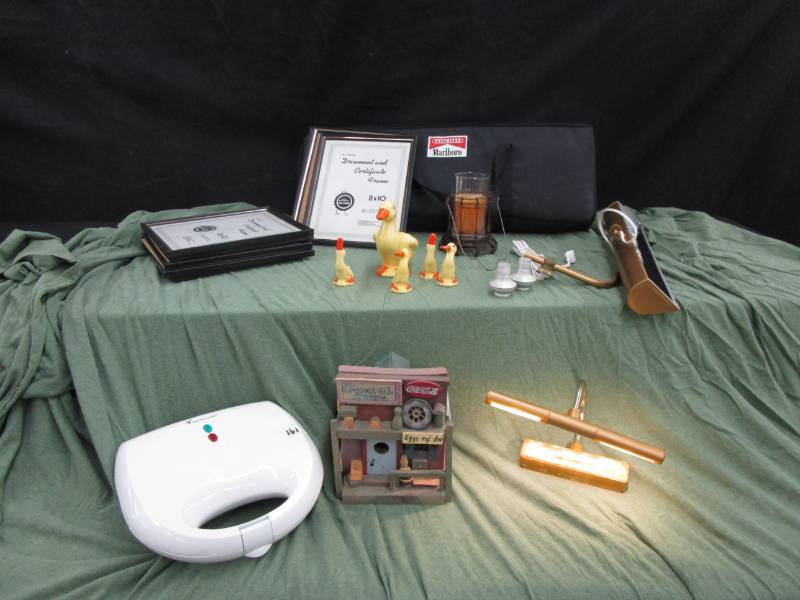 lot 110 image: Picture Frames, Bird House, Lights, Waffle Maker, Ducks, Candle, Salt and Pepper