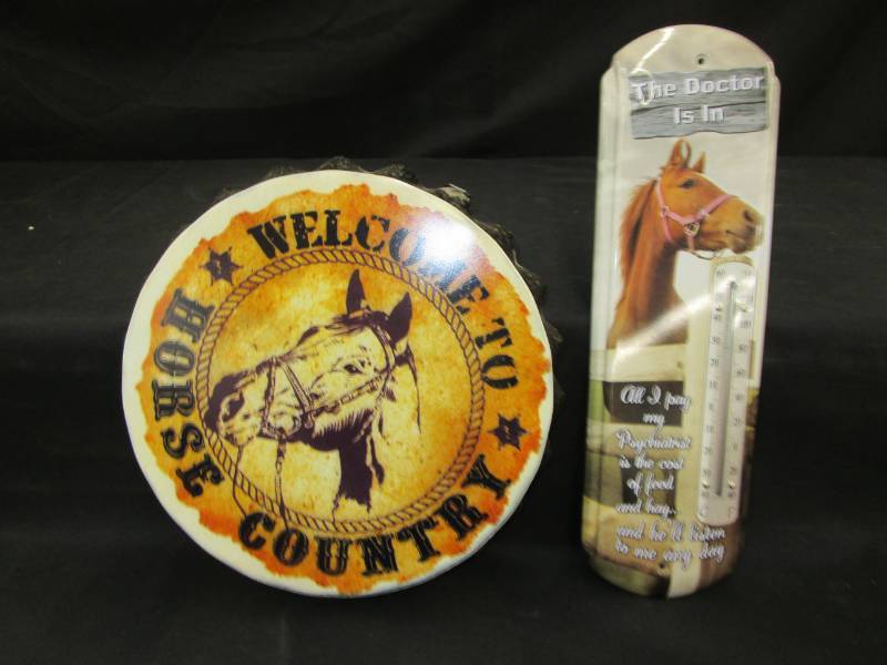 lot 120 image: Metal Horse Thermoeter and wall sign