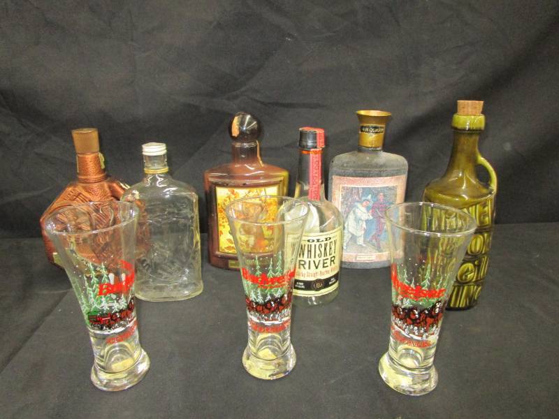 lot 127 image: Various old Decanters and 3 nice Budweiser glasses