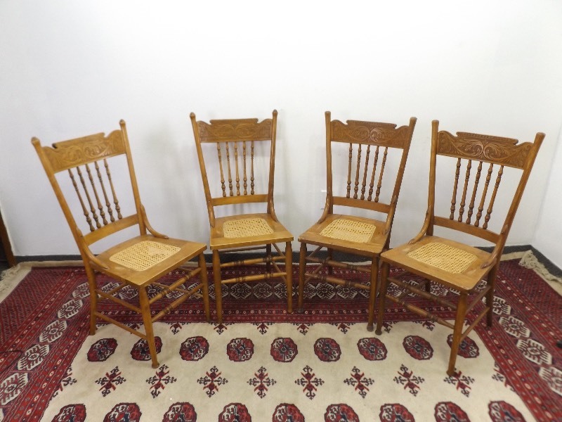 lot 7 image: 4 Antique Carved and Turned Wood Cane Wood Chairs
