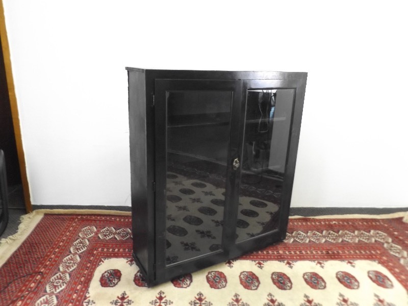 lot 12 image: Antique Repurposed Wood Rolling CabinetBookshelf