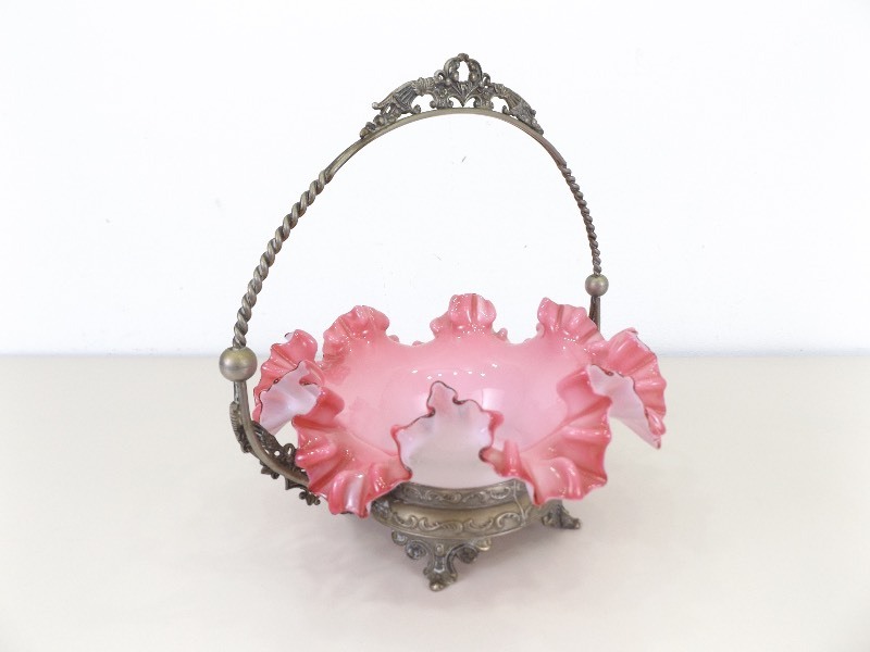 lot 17 image: LARGE Antique Cranberry Glass Bridal Basket in Brass Holder