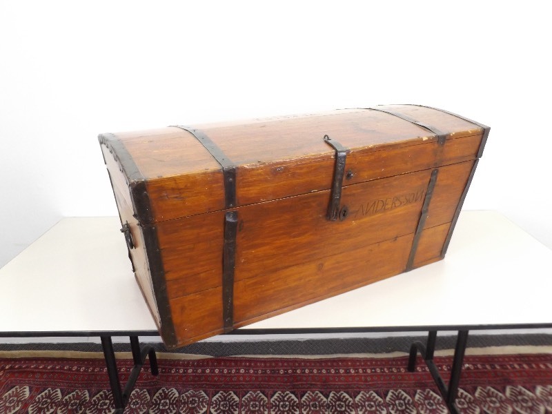 lot 23 image: EARLY&nbspAntique Wood and Wrought Iron Immigrant Trunk