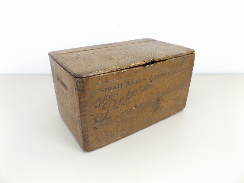 lot 36 image: Antique Wood Peters Small Arms Ammunition Box 
