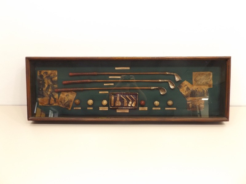 lot 49 image: Large Wood Framed Golf Wall Display Under Glass