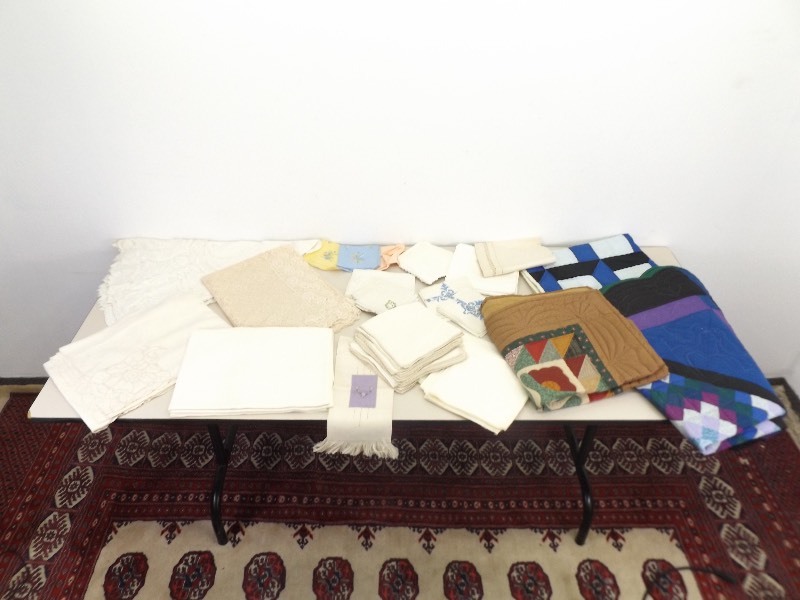 lot 59 image: Lot of Vintage Damask, Hand Made Quilts, Table Clothes, etc. 