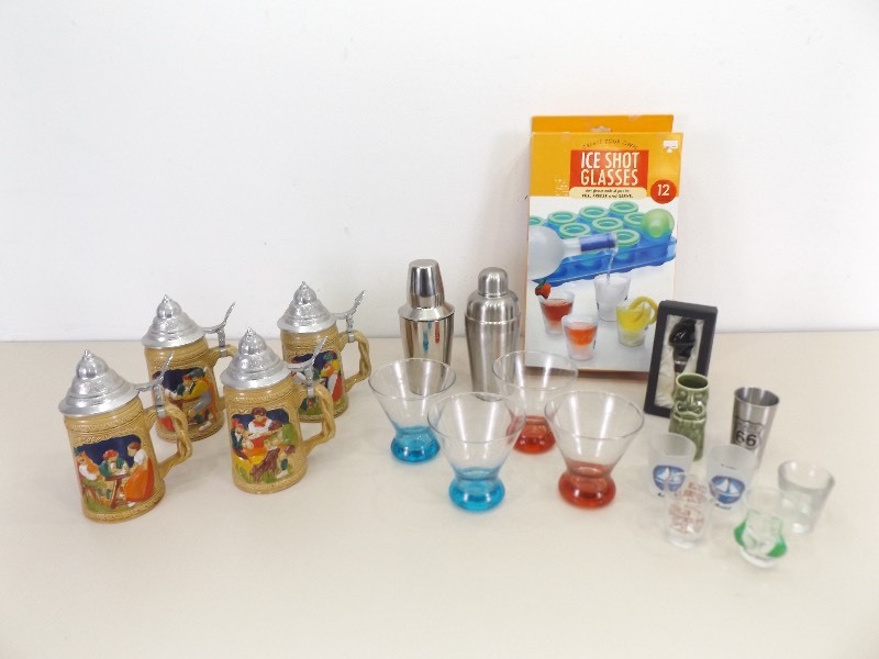 lot 61 image: Lot of New etc. Barware, Shot Glasses, Steins, etc.