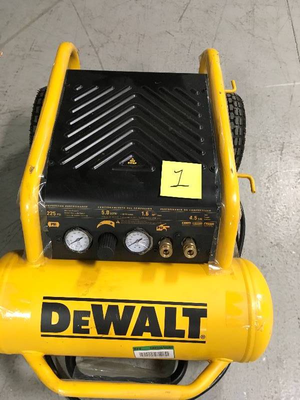 lot 1 image: DEWALT  4.5 Gal. Portable Electric Air Compressor in working conditions