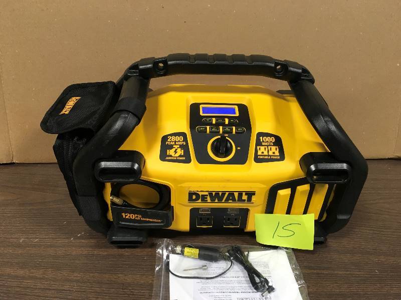 lot 15 image: DEwalt 2800 Peak Amp Jump Starter 1000-Watt Power Inverter with Digital Compressor used LED light does not come on otherwise in working condition