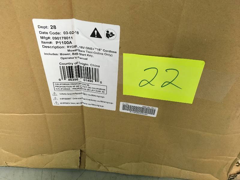 lot 22 image: Ryobi 16 ONE 18-Volt Lithium-Ion Cordless Lawn Mower (Battery and Charger Not Included)  NOT USED