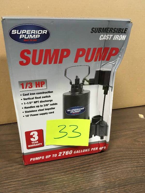 lot 33 image: Sump Pump Vert Iron 13Hp Superior Pump  open box not used