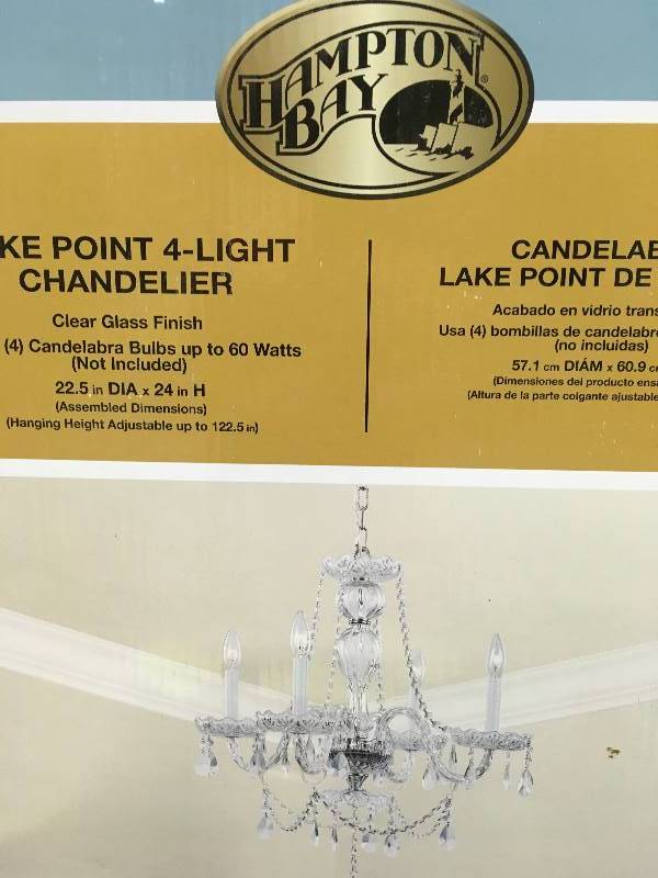 lot 57 image: Hampton Bay Lake Point 4-Light Chrome and Clear Crystal Chandelier new