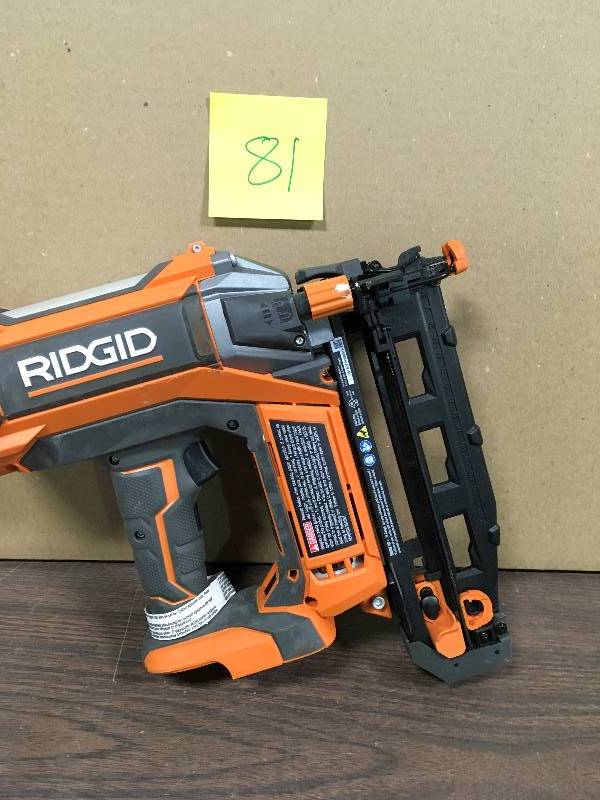 lot 81 image: RIDGID 18-Volt Li-Ion Cordless Brushless HYPERDRIVE 16-Gauge 2-12 in. Straight Nailer tool only