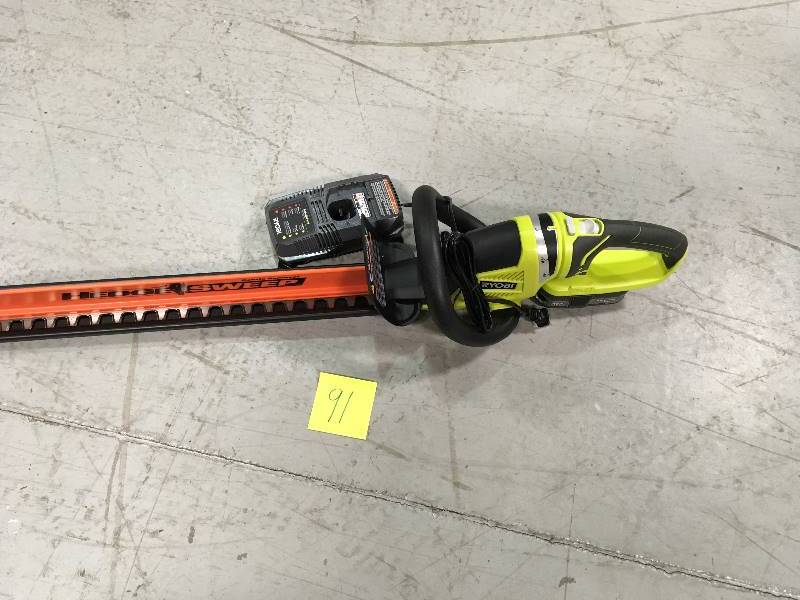lot 91 image: Ryobi 24-inch 40V Electric Lithium-Ion Electric Cordless Hedge Trimmer with Battery & Charger