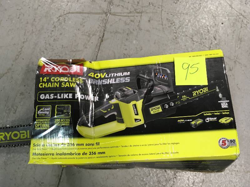 lot 95 image: Ryobi 14 in. 40-Volt Brushless Lithium-Ion Cordless Chainsaw 1.5 Ah Battery and Charger Included in working conditions
