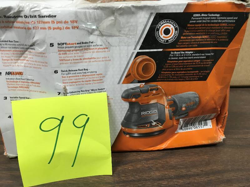 lot 99 image: RIDGID 18-Volt GEN5X 5 in. Cordless Random Orbit Sander (Tool Only) used in working conditions missing dust bag