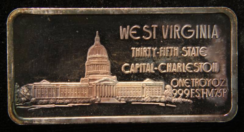 1 TROY OZ. .999 FINE SILVER BAR 50 STATES SERIES WEST VIRGINIA (NICELY TONED)