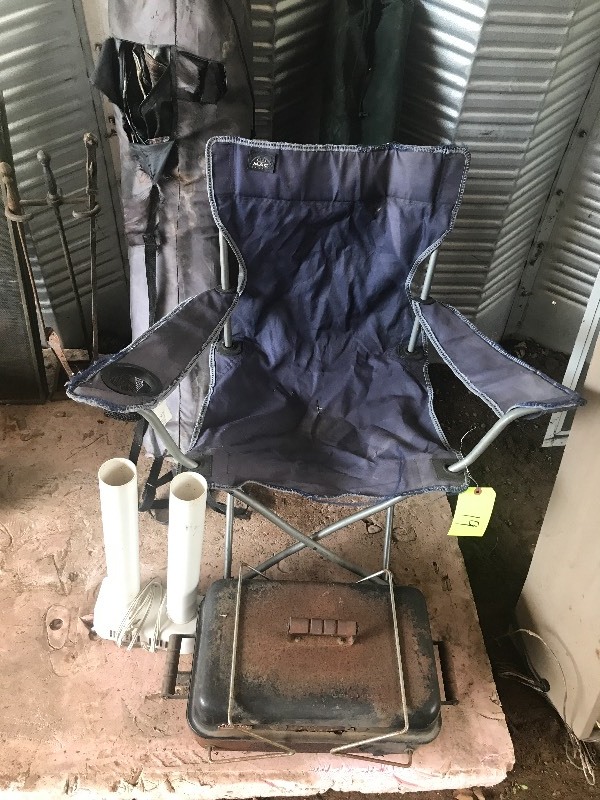 lot 19 image: 2 CAMP CHAIRS & CAMO HUNTING BLIND WCASE  SUNBEAM GRILL  BOOT DRYER