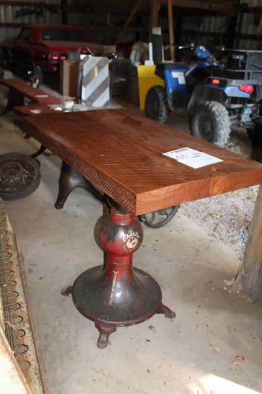 lot 68 image: Custom Table w Industrial Metal Stand, 3in. Oak Table Top