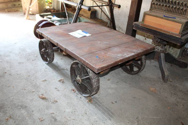 lot 53 image: 4-Steel Wheel Wood Deck Cart