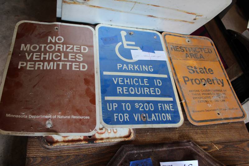 lot 30 image: Lot of (3) Street Signs - No Motorized Vehicles, Handicapped Parking, Restricted Area State Property