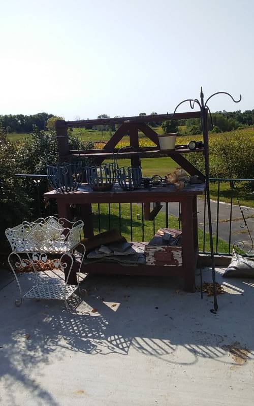 lot 2 image: Gardeners Workbench, Ornamental  Iron Flower Box, Shepherd Hook, Planter Basket (Must Take All)