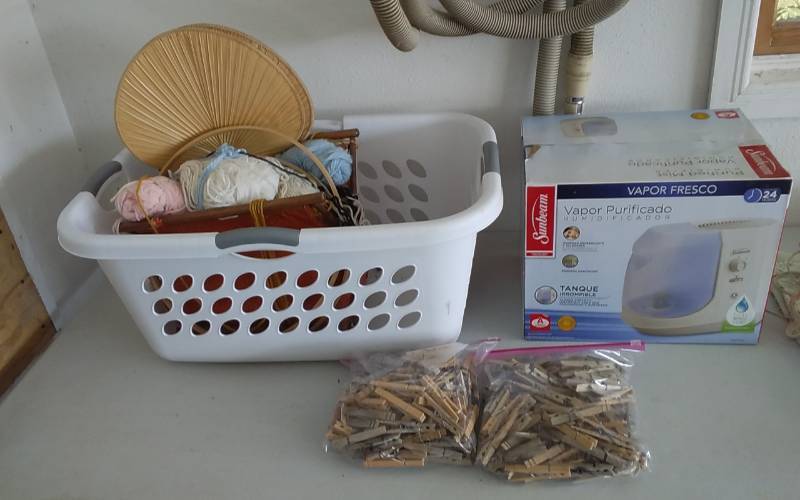 lot 7 image: New Vaporizer Mist Humidifier, Tote Bag, Laundry Basket, Clothes Pins, Knitting Basket