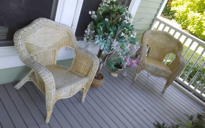 lot 9 image: Weathered 2-Wicker Chairs,Assorted Faux Floral