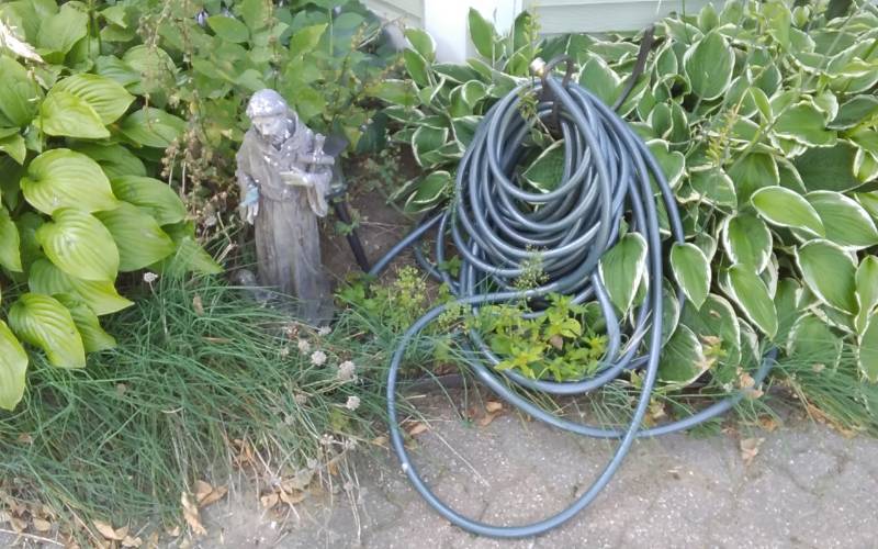 lot 12 image: Garden Hose, Hose Stand, Statue (St. Francis)