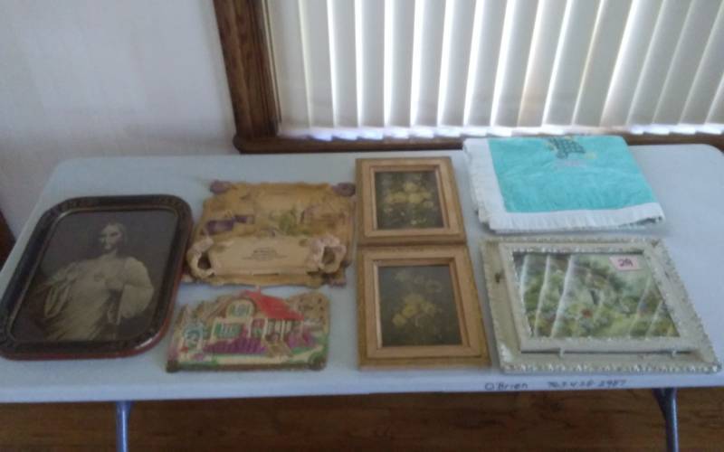 lot 21 image: Vintage Wall Magazine Rack, Vintage Embroidered Baby Quilt, Religious Picture, Misc.