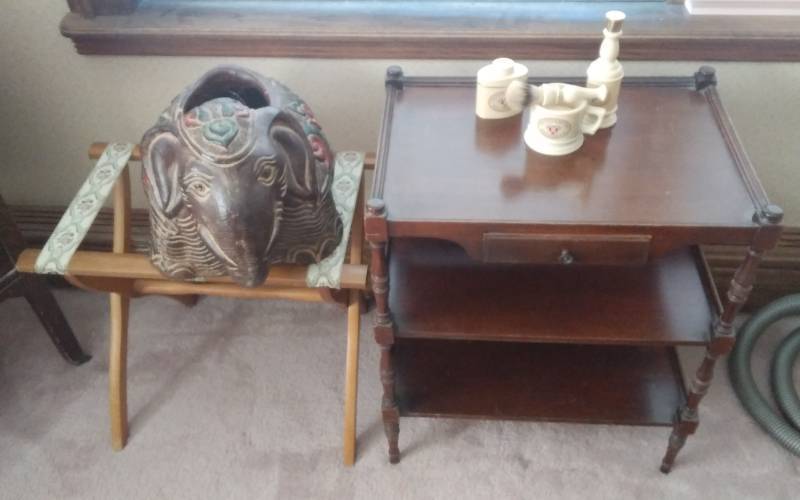 lot 29 image: Vintage 3 Tier Side Table With Drawer 22x15x24 Includes Luggage Stand, Pottery Elephant Avon Dresser Set