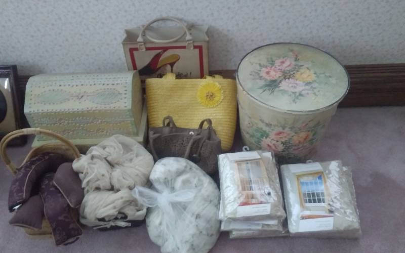 lot 36 image: Round Wood Painted Bucket, Carved Wood Storage Box, New Lace Window Panels & Scarves, Basket, Sak Purse